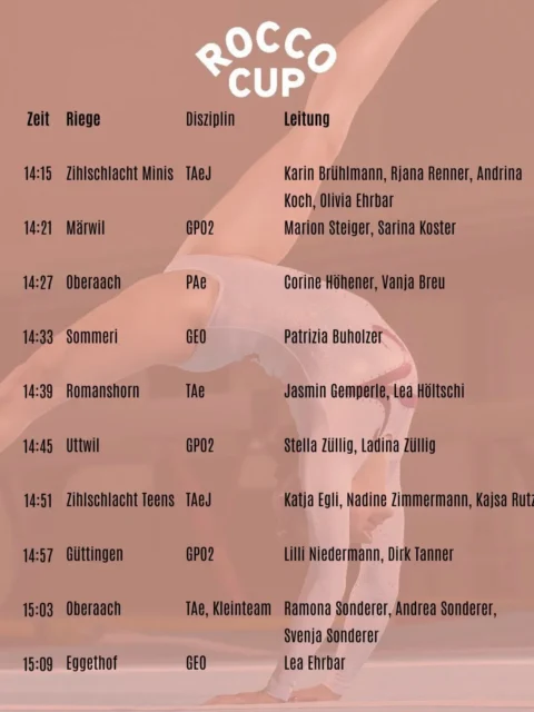 Scho glii stoht s‘nöchste Event ah!🤩 Üs freuts, dass mir bereits es zweits Johr am Rocco-Cup dörfed im Aerobic und Gymnastik en tolle Vorbereitigswettkampf abüüte!

Dä Ziitplan isch bereits dusse und all die Verein würded sich über ganz viel Zueschauer freue!🥳 
Also chum doch au!😉

#roccocup#ziitplan#aerobic#gymnastik#chumdochau