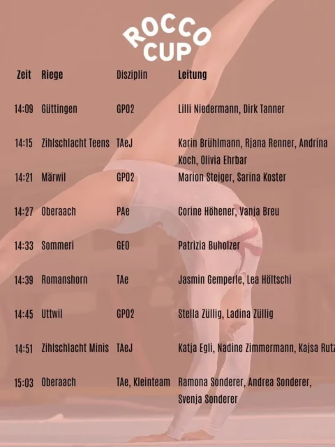 Es het es paar chlini Apassige geh im Ziitplan für dä Roccocup. Drum do nomol dä neu Ziitplan.😉 
Mir freued üs scho über all die tolle Vorfüehrige und über viel Fans am Feldrand!🥳💪🏻

#roccocup#ziitplan#vorfreud#chumdochau#stvsommeri
