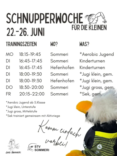 Üsi Schnupperwuche für dJugend stoht vor dä Türe!🤩 Mir freued üs über jedi und jede, wo üs chunt go bsuechä! Du dörfsch ganz unverbindlich und spontan verbiichoo, dTurnhalletüre stönd offe!😉 

Wenn du no gnaueri Infos bruchsch —> bsuech üsi Homepage stvsommeri.ch

#schnupperwuche#jugend#zuekunft#chumdochau#sommeri