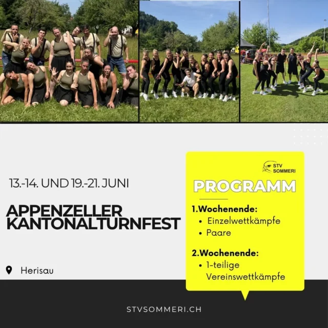 Scho bald gohts los und mir freued üs riesig ufs Turnfest @appenzeller_kantonalturnfest !🥳🤩 Alli Infos und Startziite findsch ufem Bitrag. Jetzt heissts nomol Vollgas geh im Training und für üsi Einzelturner gohts denn bereits scho das Wuchenend noch Herisau!💪🏻🤘🏻🤩

#turnfest#letsgoo#einzel#verein#stvsommeri