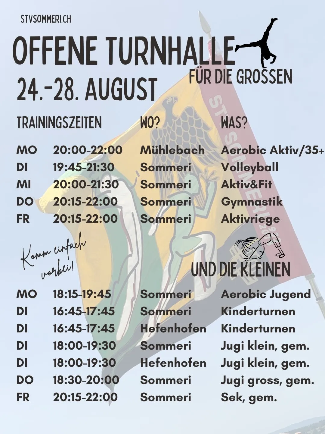 Au üsi Aktive öffnet no ihri Turnhalletüre für eu!🤩🤘🏻 Mir würded üs sehr freue, wenn es paar vo eu ganz unverbindlich ines Training würed go ineluege choo!💪🏻😎 Au dJugend macht ihri Türe nomol uuf.😉

#schnupperwoche#2.0#letsgoo#chumdochau#stvsommeri