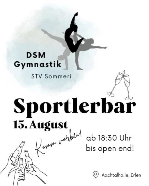 Am 15. August findet nöd nur dDSM Gymnastik statt, mir wärded nochem Wettkampf uf dä Tag astossä grad vor dä Halle ade Sportlerbar!😎😍 Chum au du verbii und gönn dir eis, zwei Drinks a üsere Bar!😉🤘🏻Nebst dä Drinks, sorgt au e super Musigalag für Stimmig!🥳 🎶 
( Probs an @tv_oberaach )

#sportlerbar#astossänochemwettkampf#eiszweidrinksodermeh#bringdinikollege#hoppsommeri